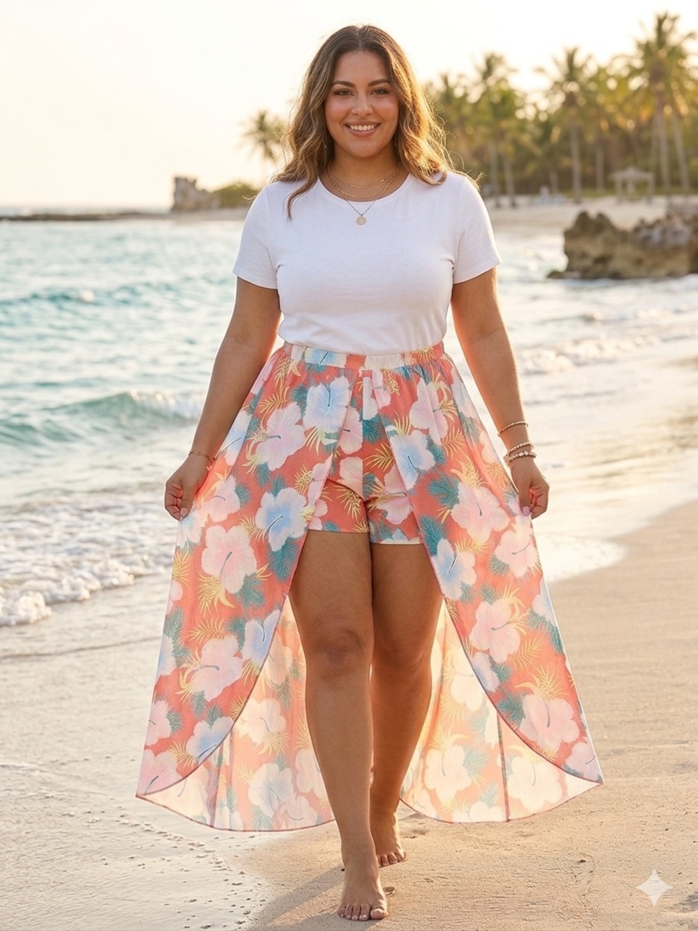 No Boundaries Women Tropical Floral Skort Cover Up Coral Pink Hibiscus Beach XL